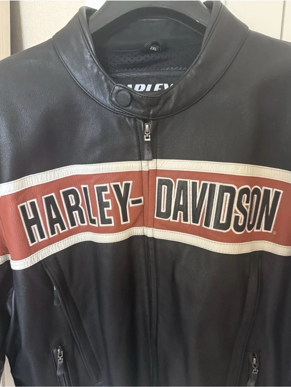 Harley-Davidson Black Leather Jacket with Brown and White Racing Stripe